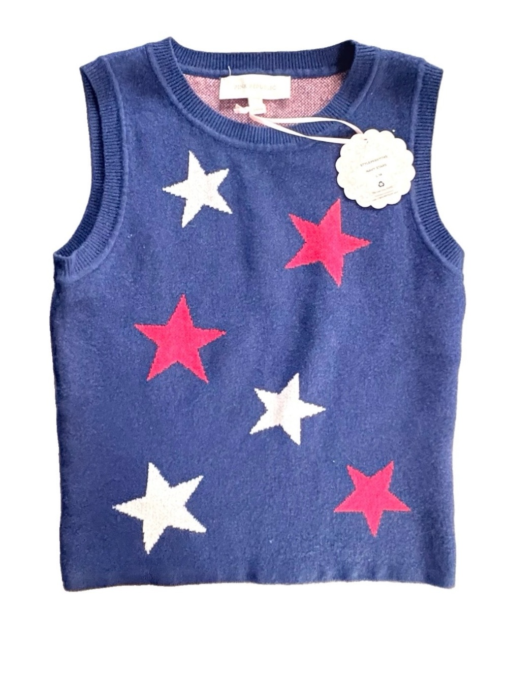 Pink Republic Girls Connie Sweater Vest Patriotic Star Knit Top NWT. Size L 14.